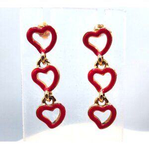 Red Enamel Triple Heart Dangle Earrings With Gold Tone Accent